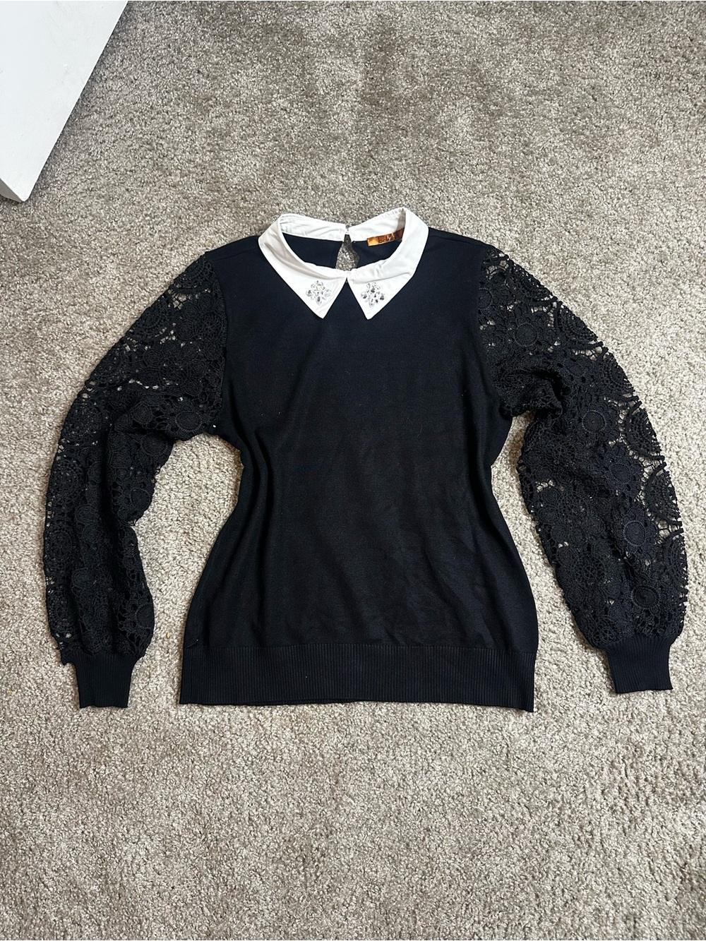 Bellini Black Top with White Jeweled Peter Pan Collar